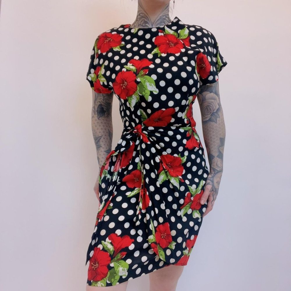 Hearts Women's Black and Red  Polka Dotted Rose Pin Up Wrap Dress Size L